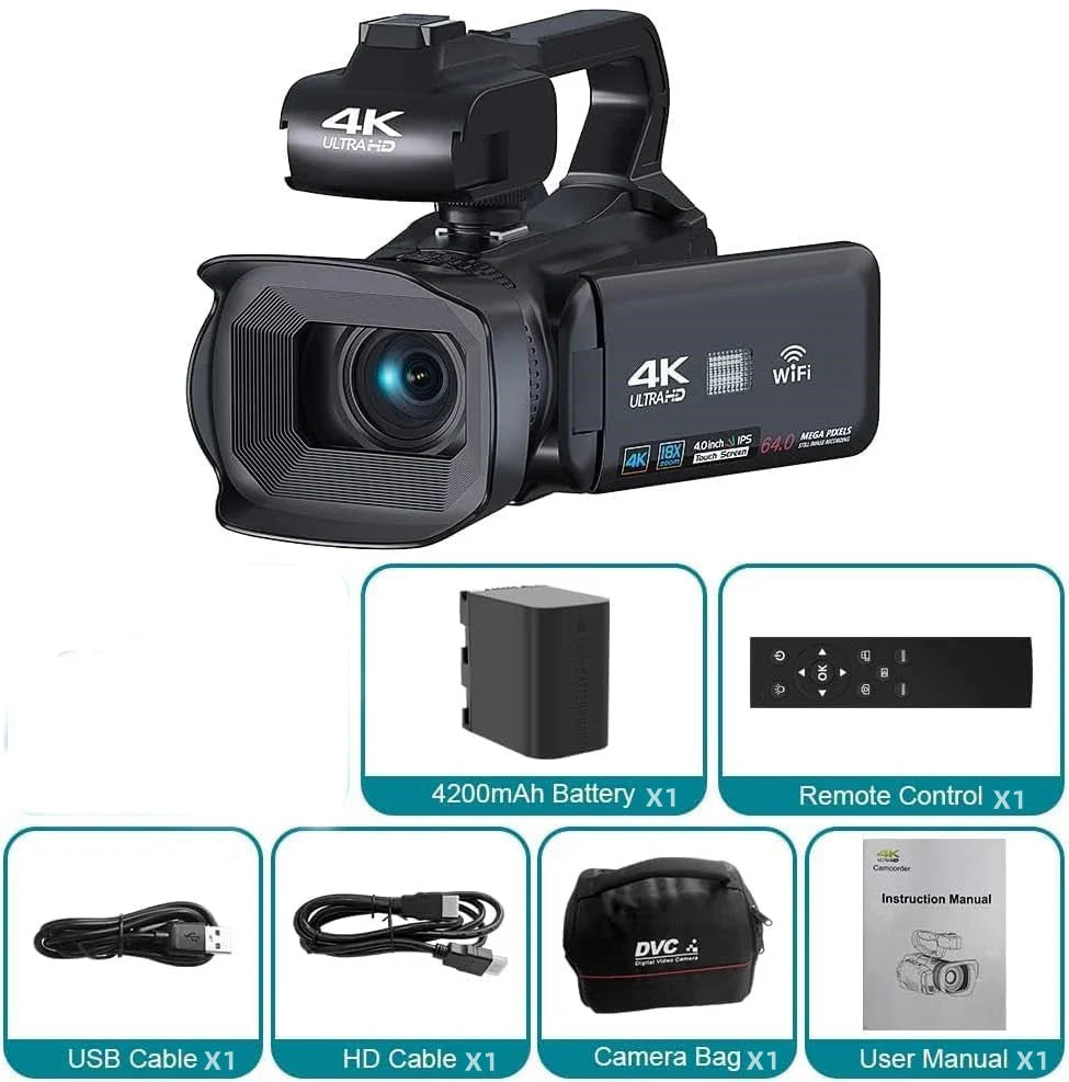 64MP 4K UHD Camcorder 18X Zoom Vlog Digital Video Camera WIFI Webcam For Youtube Livestreaming 4.0 270° Rotative Touch Screen