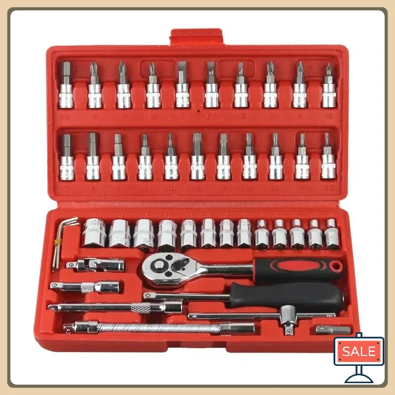 46-Piece Car Repair Tool Set 1/4-Inch Socket Set Car Repair Tools Pry Ratchet Torque Wrench Combo Auto Maintenance Tools