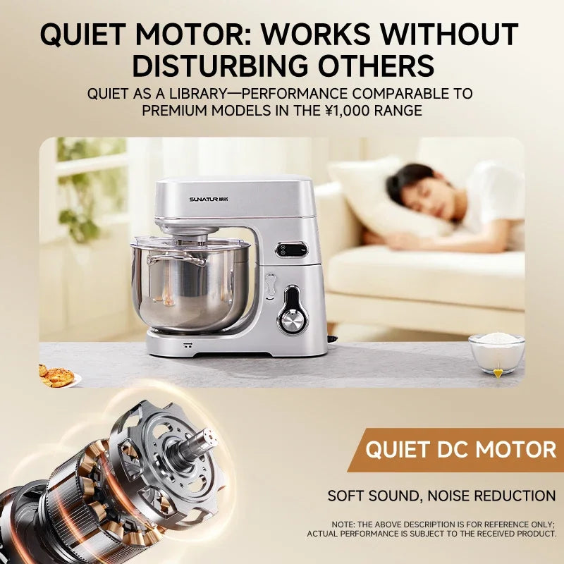 SUNATUR 10L Stand Mixer 1000W DC Quiet Dough Mixer Dual 304 Hooks 6 Speed Electric Food Mixer for Home Commercial