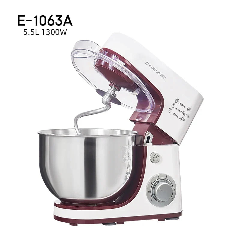 SUNATUR 5.5L Stand Mixer 1300w Planetary food Processor Timed dough kneader electric kitchen blender cream whipper Filling Mixer