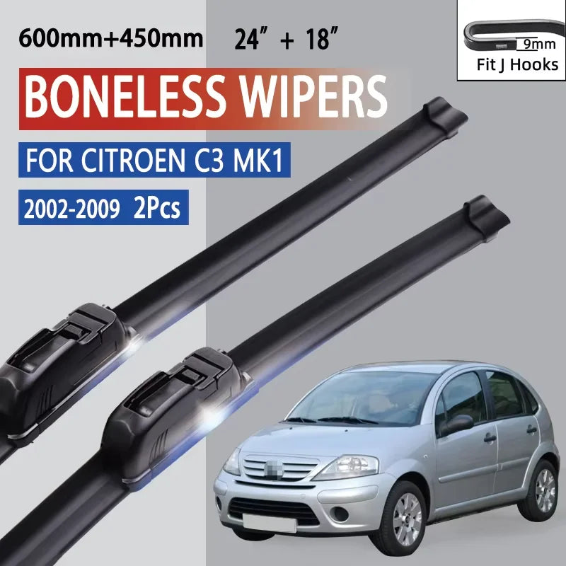 For Citroen C3 MK1 2002-2009 Car Wiper U-type Soft Rubber Boneless Wiper HD Quiet Durable Automotive Wiper 24"+18"