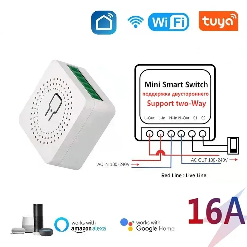 16A MINI Wifi Switch DIY Smart Home 2-way Control Relay Smart LIfe APP Control Remotely Timer Works With Alexa Google Home Alice