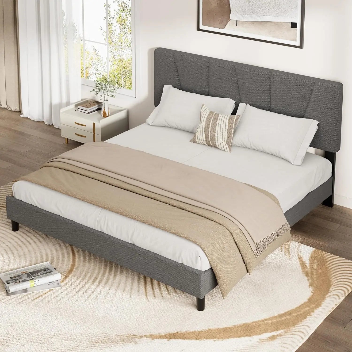 Adjustable Headboard King Size Bed Frame with Linen Upholstery, Sturdy Wooden Slats, Easy Assembly