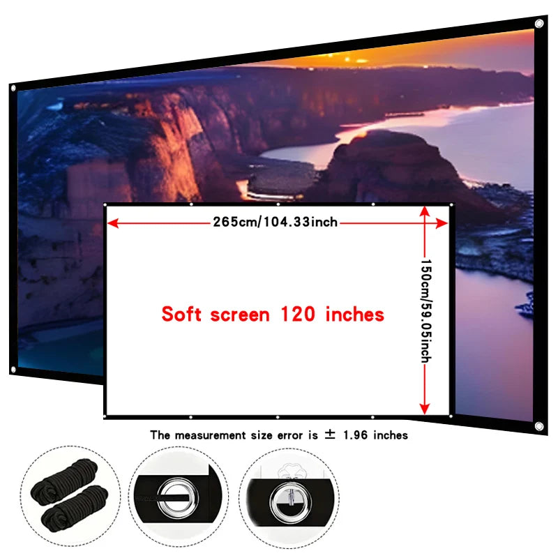 120 inch 16:9 projection screen with rope. Suitable for outdoor projection, the rope is more convenient for fixing the screen.