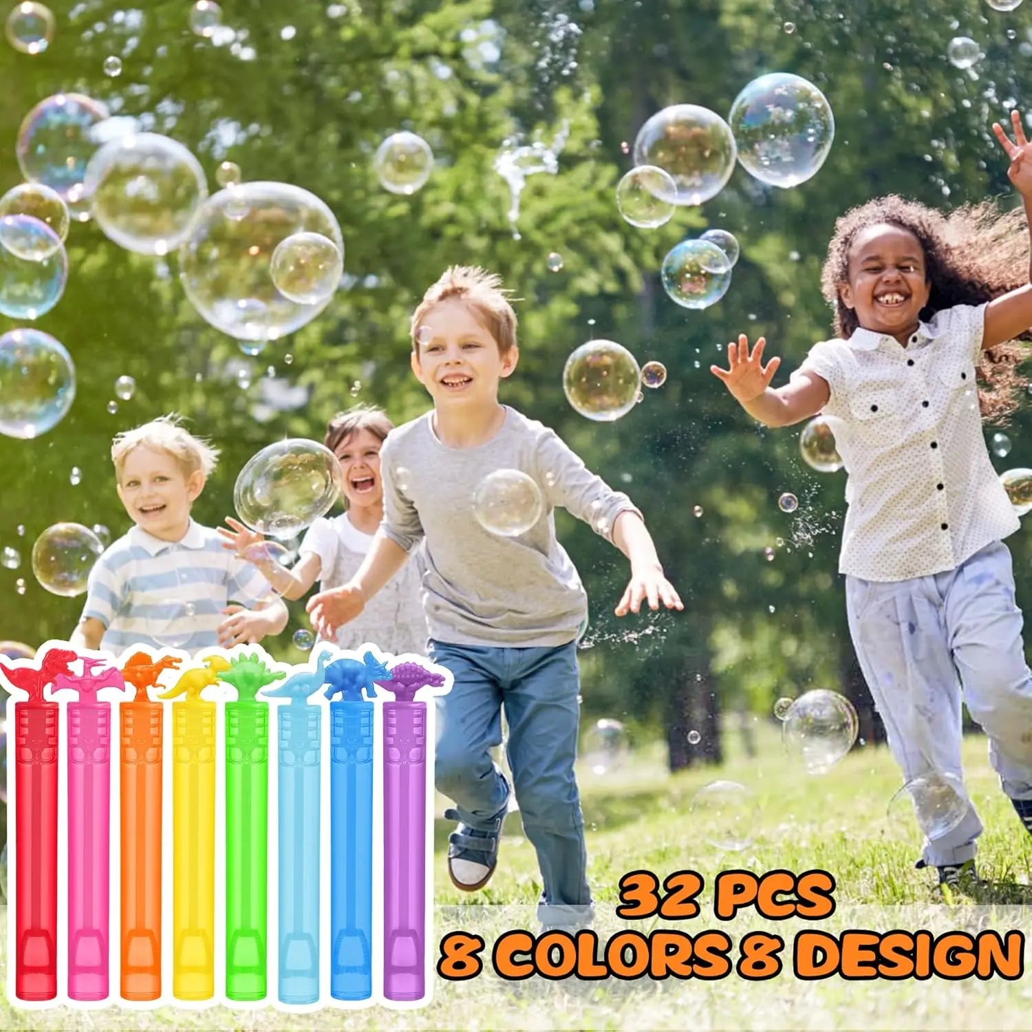 32 Pack Dinosaur Bubble Wands with Gift Box, Fun Party Favors for Kids Birthday and Outdoor Activities