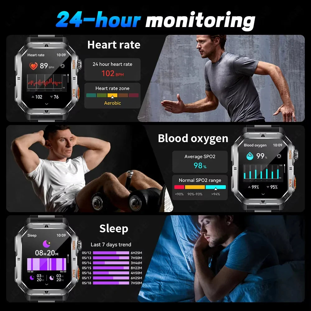 2026 Military Outdoor 1000 mAh Battery Smart Watch Men GPS Sports Heart Rate IP68 Waterproof BT Call Smartwatch For Man Gift Hot