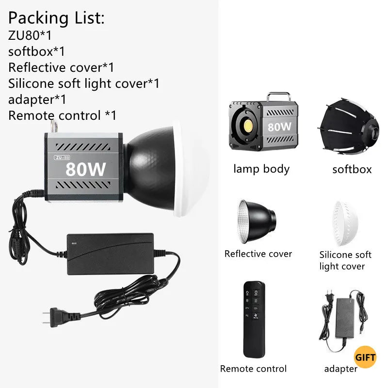 ZU80 COB Photo Studio Light Bi-Color 2500K-8500K LED Video Light CRI95+ TLCI97+ Photography Fill Lighting with Diffuser