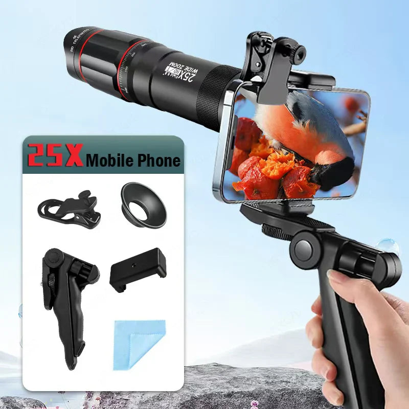 25X Phone Telephoto Lens Kit Phone Holder Portable Tripod Stabilizer Highpower Zoom Concerts Contest Outdoor Observation Animal