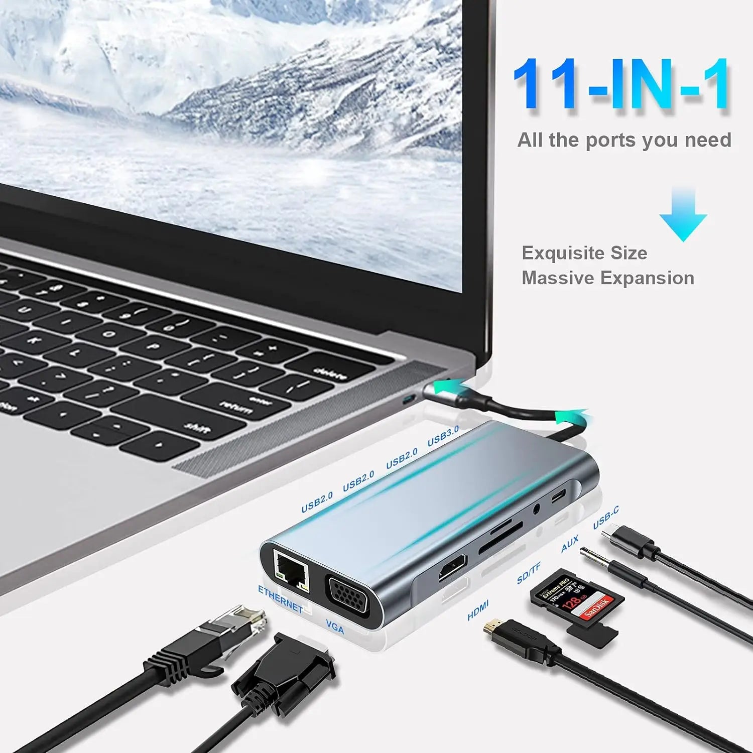 USB C HUB, USB C Adapter 11 in 1 Dongle with 4K HDMI/VGA/Type C PD/RJ45/ SD/TF Card Reader For MacBook Pro/Air M1 iPad