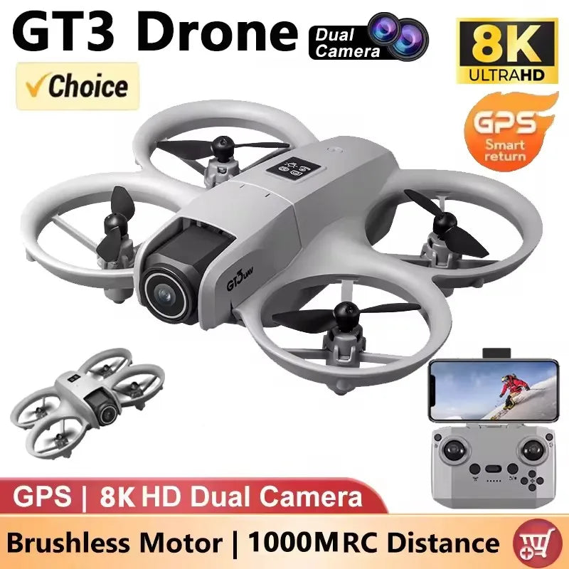 New Drones GT3 GPS 8K Professional HD 180° Dual Cameras 5G WIFI Brushless Motors Obstacle Avoidance FPV Foldable Quadcopter Toys
