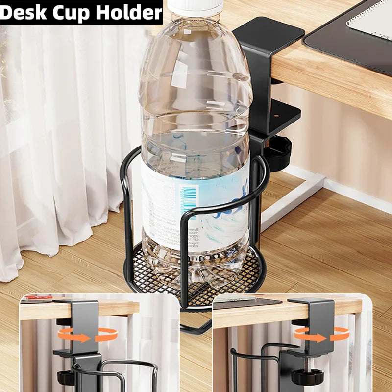 2 in 1 No Drill Desk Cup Holder Adjustable Upgraded Arm Clamp Stand 360 Degree Rotating Table Edge Clamp Anti-Fall Cup Holder