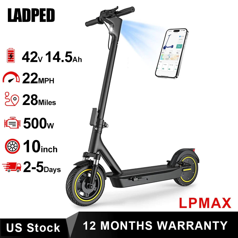 LADPED LPMAX 10" tires Folding Electric Scooter 22MPH Max Speed 500W 14.5AH 28Miles Long Range Dual Shock Absorber EScooter