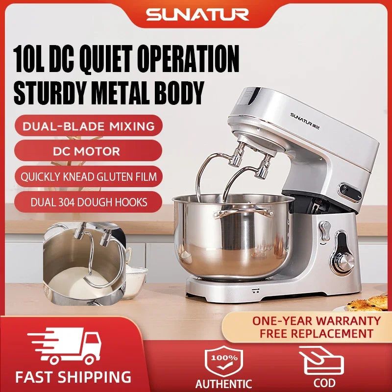 SUNATUR 10L Stand Mixer 1000W DC Quiet Dough Mixer Dual 304 Hooks 6 Speed Electric Food Mixer for Home Commercial