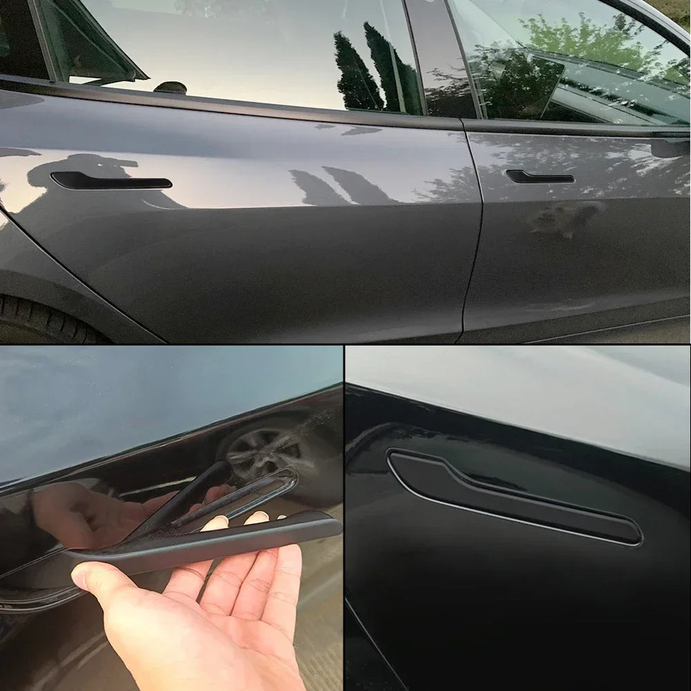 4pcs Set of Black Carbon Fiber Door Handle Covers for Tesla Model 3 & Y - Scratch-Resistant  Tape Polished Finish Amagi
