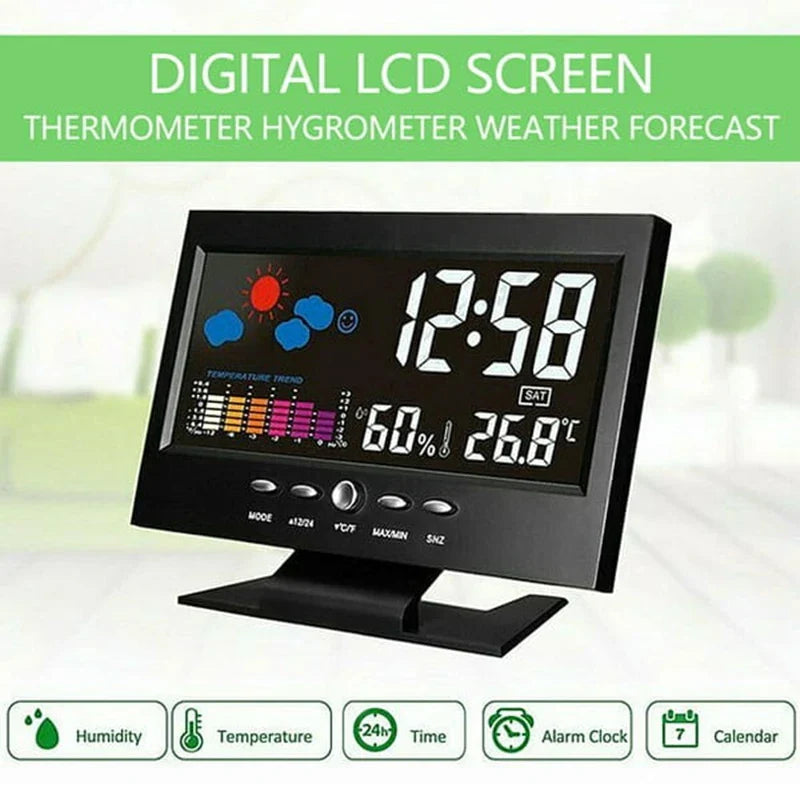 Digital LED Weather Station Temperature & Humidity Monitor With Forecast Display & Table Alarm Clock Large Screen Weather Clock