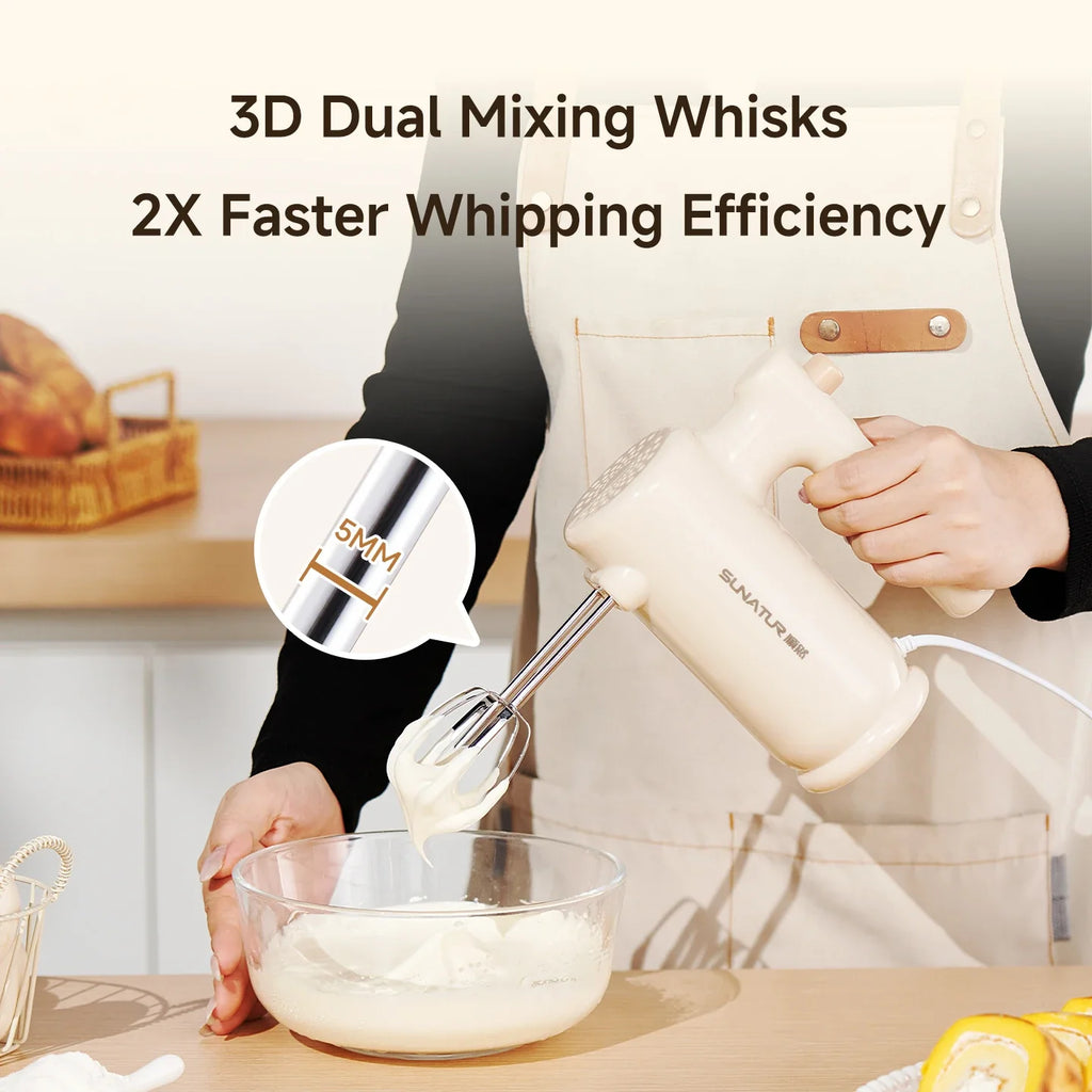 SUNATUR 200W 5-Speed Electric Hand Mixer, Handheld Egg Beater Whisk for Home Baking, Food-Grade Stainless Steel Attachments, Eas