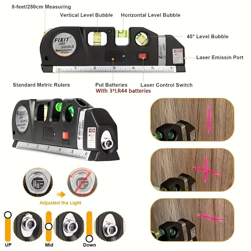 HOMEFISH Easy to Use Laser Level Line Tool Multipurpose Laser Level Kit Standard Cross Line Lase 8 Feet Measure Tape Ruler