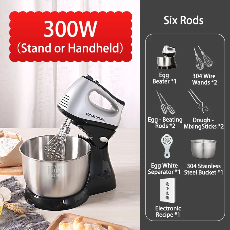 SUNATUR 300W Electric Hand Mixer - 5-Speed Egg Beater with Storage Base&Stainless Steel Attachments