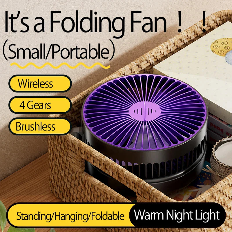 2024 New Style 5000mAh Small Portable Fan Rechargeable Wall Mounted Fan 90° Foldable Desktop Fan 4 Gears With Warm Night Light