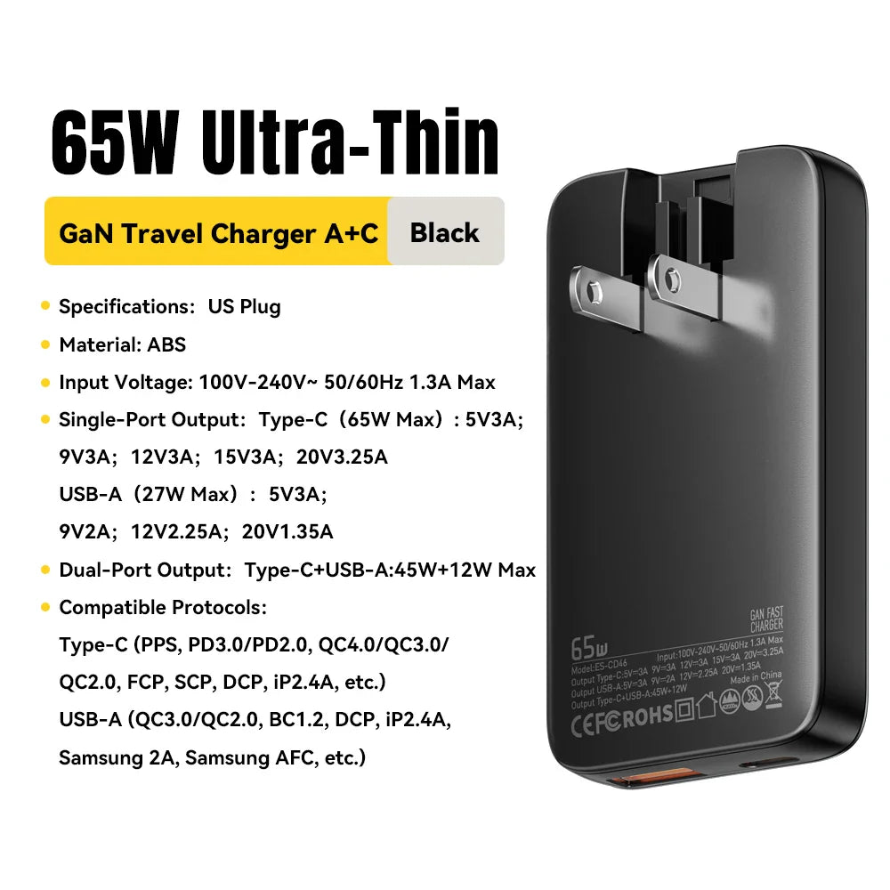 65W GaN Charger Ultra Thin Quick Charge 4.0 PD3.0 PPS Portable USB Type C Charger For Macbook Laptop For iPhone 16 15 14 13