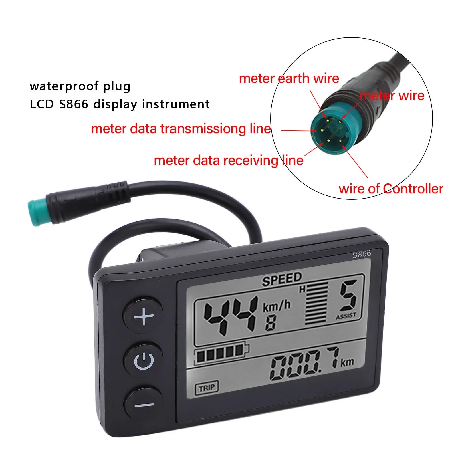 S866 Electric Bike LCD Display Meter 24V 36V 48V Control Panel with Waterproof Plug