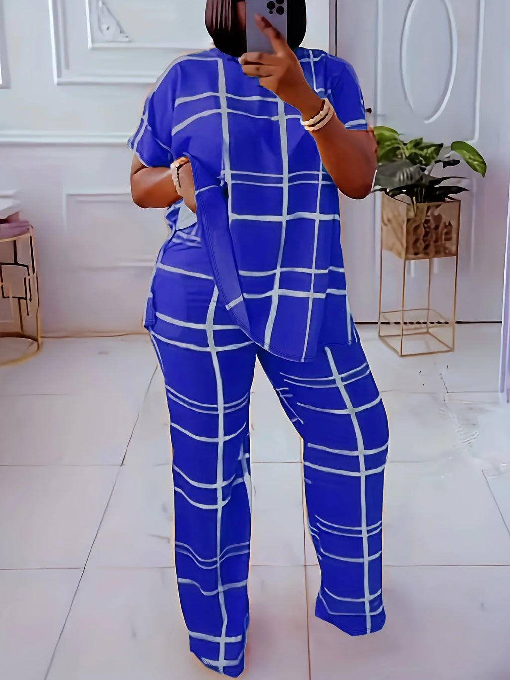 Elements Striped Grid Printed Casual Round Neck  Two Piece Set