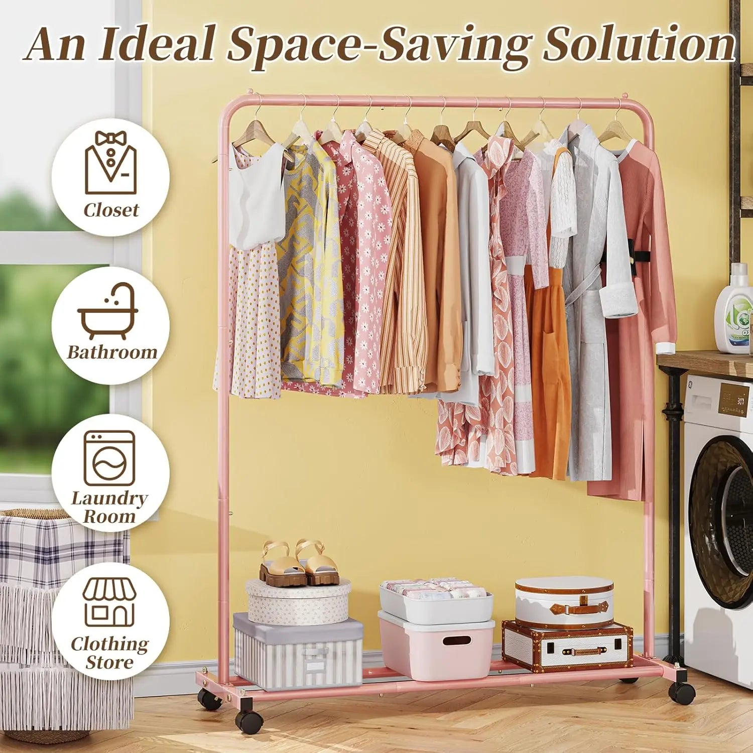 Purple Rolling Clothes Rack with Storage Shelves, 360° Wheels for Easy Mobility and Brake Lock