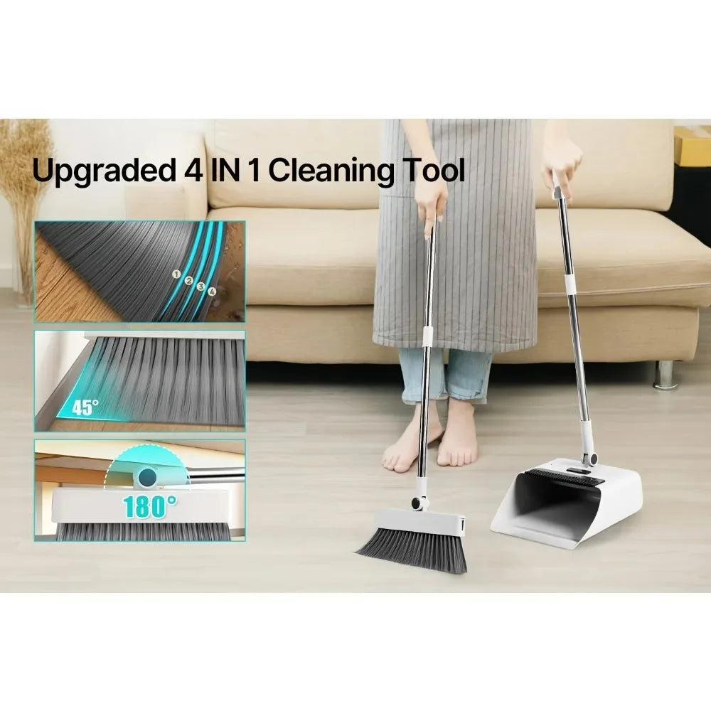 Home & Office Dual-Use 2026 Upgraded 4-in-1 Broom & Dustpan Set with Hidden Squeegee Floor Brush for Glass & Grease Cleaning