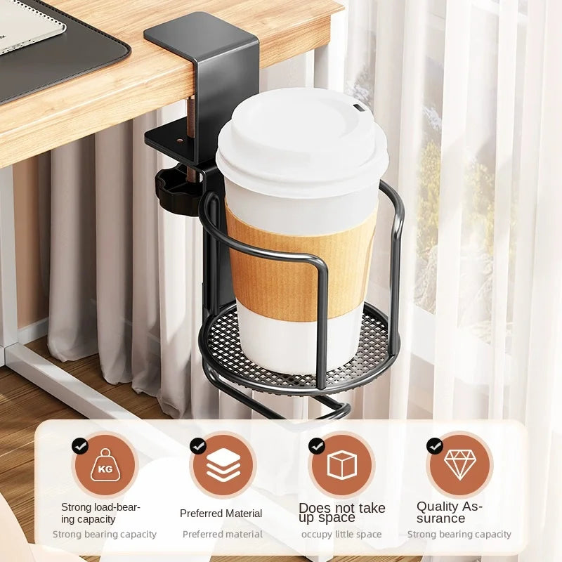 2 in 1 No Drill Desk Cup Holder Adjustable Upgraded Arm Clamp Stand 360 Degree Rotating Table Edge Clamp Anti-Fall Cup Holder