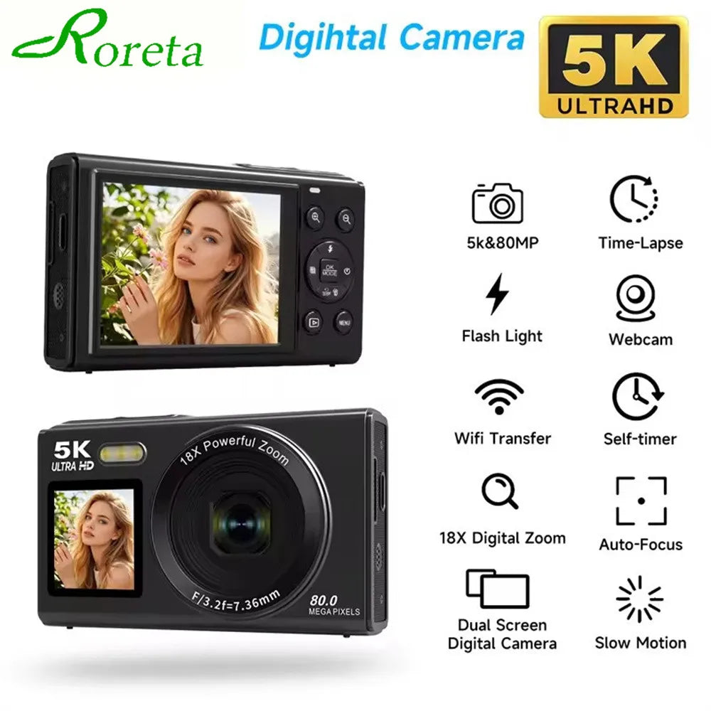 5K Dual Screen Digital Camera 80MP Retro CCD Photographic Cameras 8000W Pixel Auto Focus with 18x Zoom for Kid Adult Photography