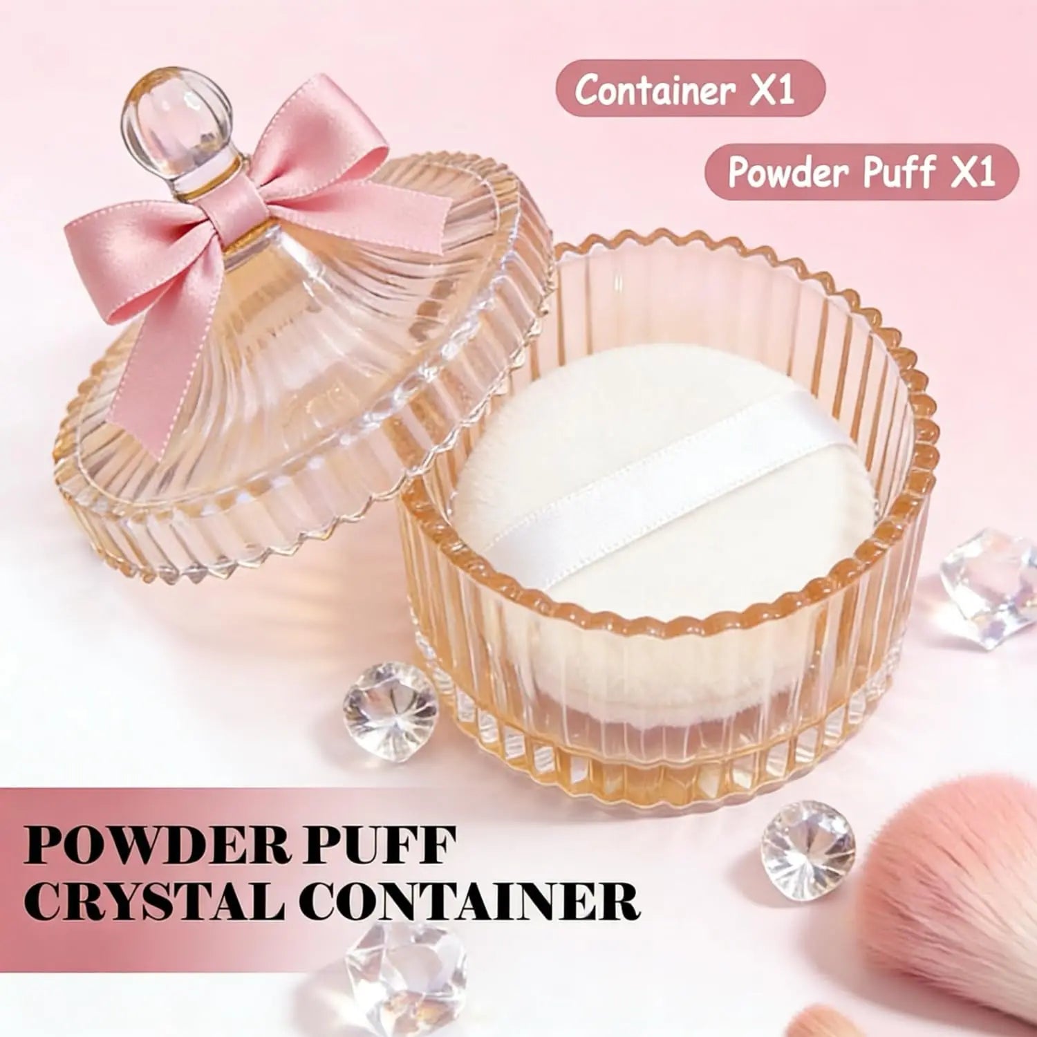 Soft Plush Powder Puff with Clear Glass Container for Body and Face Makeup Application