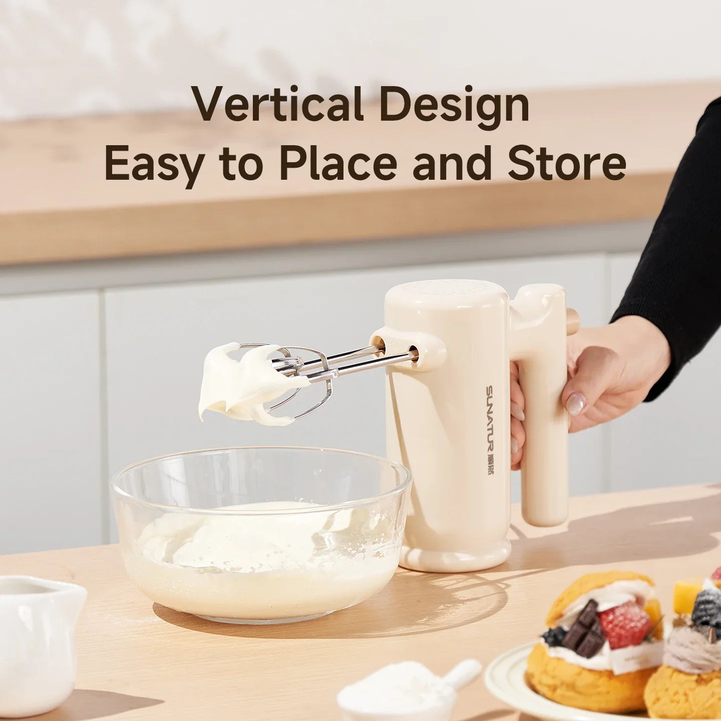 SUNATUR 200W 5-Speed Electric Hand Mixer, Handheld Egg Beater Whisk for Home Baking, Food-Grade Stainless Steel Attachments, Eas