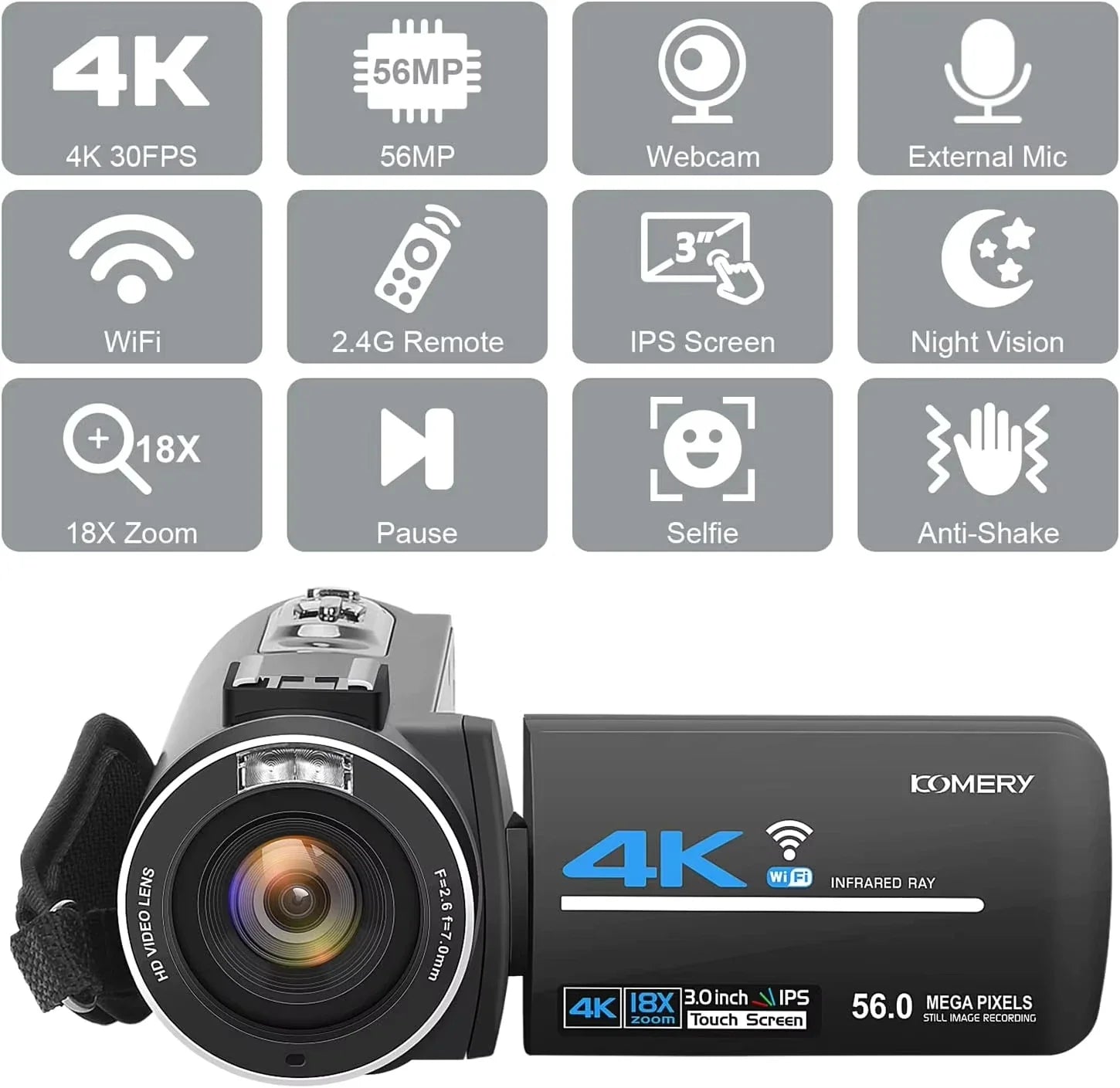 56MP 4K Digital Video Camera 18X Infrared Night Vision Vlogging Camcorder 3.0 inch Touch Screen Youtube Livestream WIFI Webcam