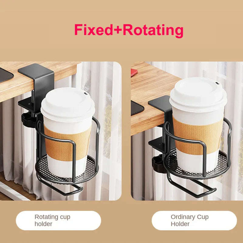2 in 1 No Drill Desk Cup Holder Adjustable Upgraded Arm Clamp Stand 360 Degree Rotating Table Edge Clamp Anti-Fall Cup Holder
