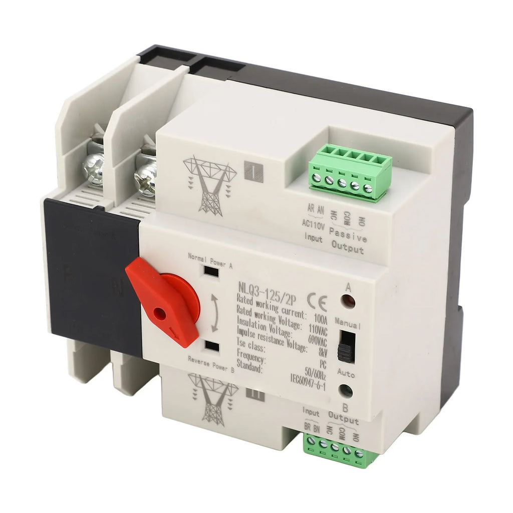 AC110V 100A Dual Power Automatic Transfer Switch 35mm Rail Mounting 2P ATS Generator Transfer Changeover Switch