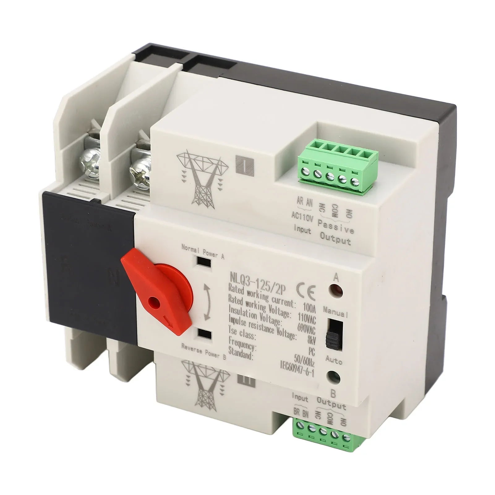 AC110V 100A Dual Power Automatic Transfer Switch 35mm Rail Mounting 2P ATS Generator Transfer Changeover Switch