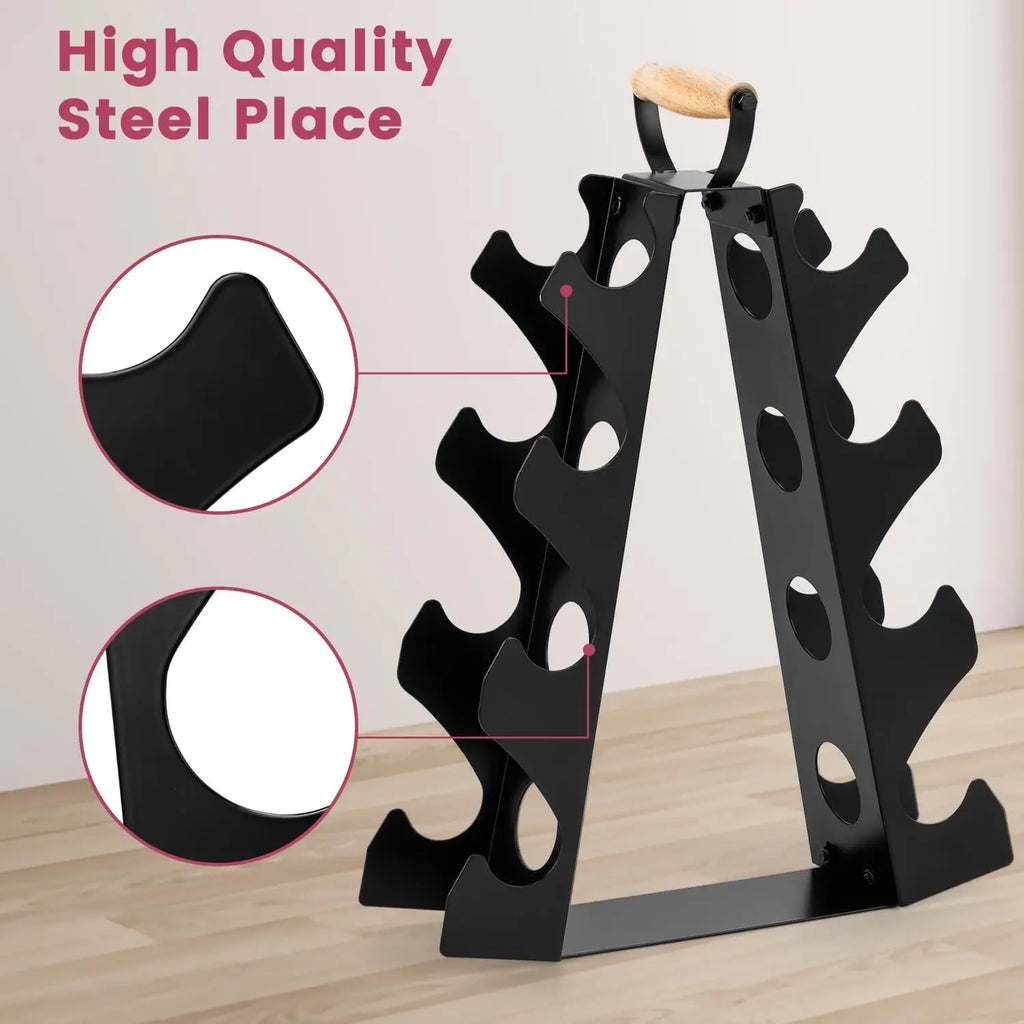 Compact A-Frame Dumbbell Rack Stand with Wooden Handle for Home Gym Storage, Space-Saving Design