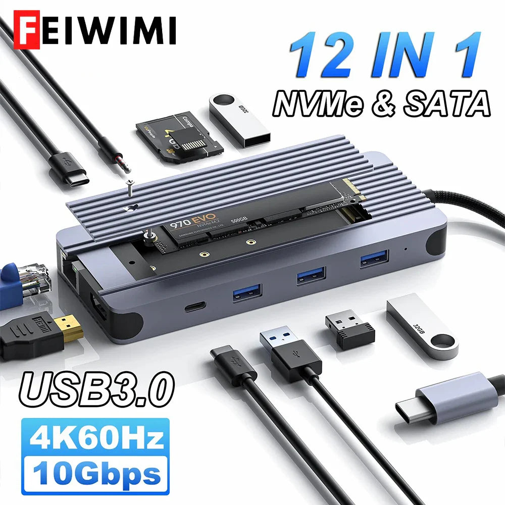 12-IN-1 USB Hub Hard Disk Enclosure Docking Statio M.2 NVMe SATA SSD Dual Protocol Type C 10Gbps 4K60Hz Adapter For Macbook Pro