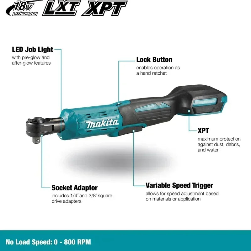 MAKITA DWR180Z 18V LXT Cordless Ratchet Wrench 6.35mm Drive 800RPM 47.5 N·m Compact Angle Wrench for Tight Spaces