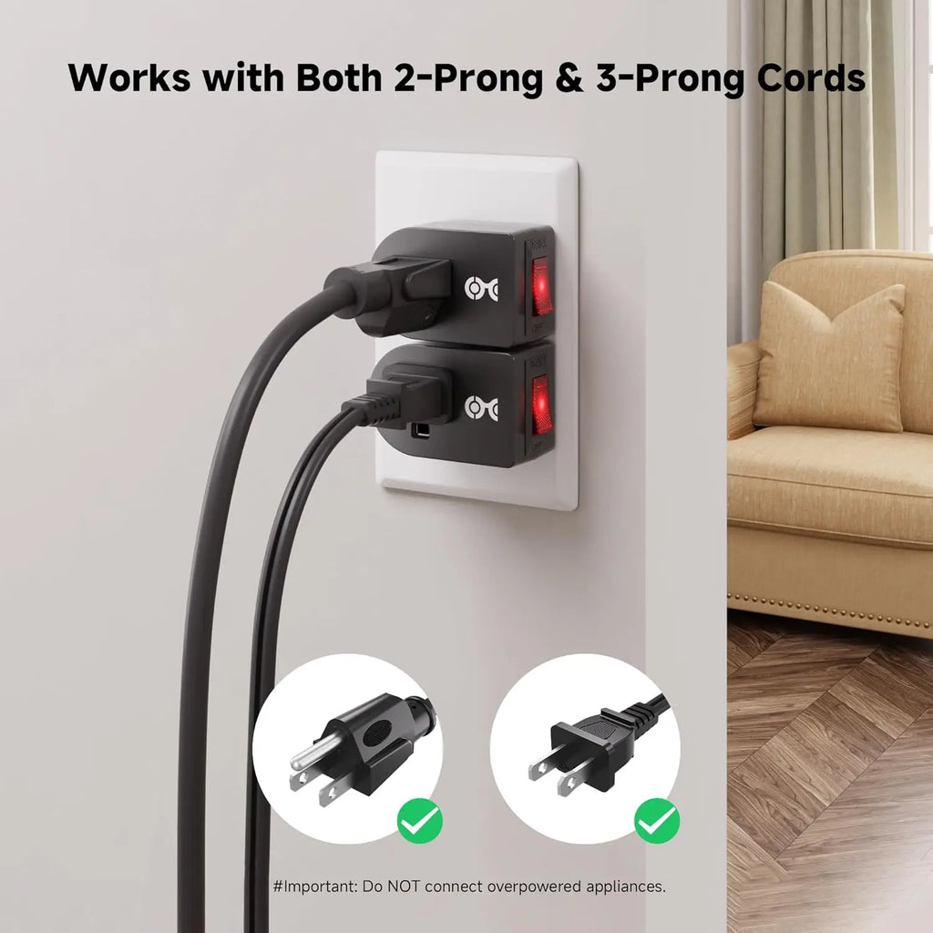 3-Pack Grounded Outlet Switch with On/Off Button, Black - Safe Energy-Saving Adapter
