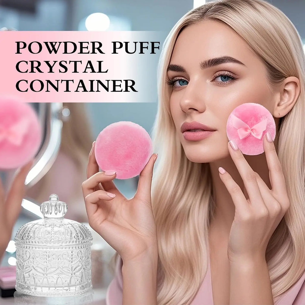 2-Piece Velour Powder Puff Set with Crystal Glass Container, Soft Washable for Face and Body Makeup