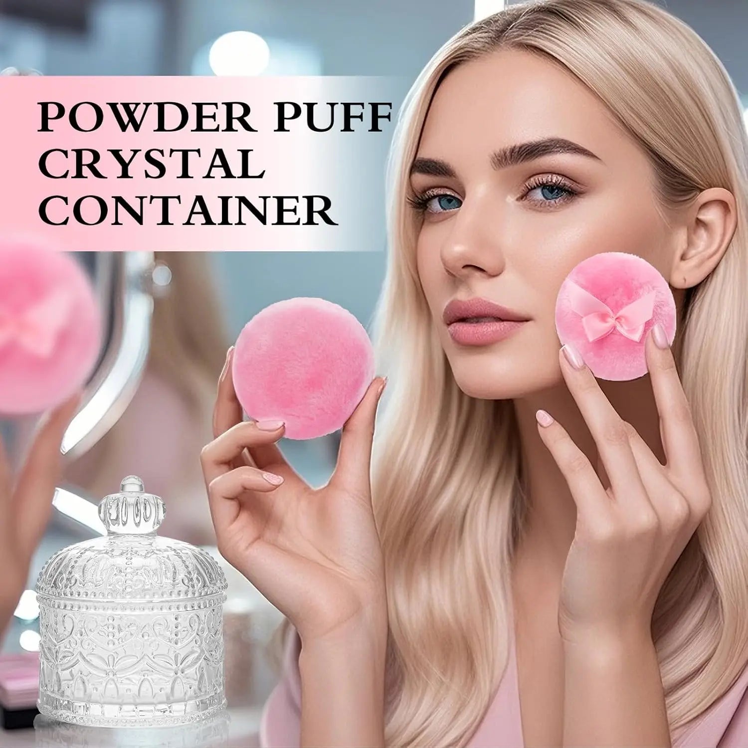 2-Piece Velour Powder Puff Set with Crystal Glass Container, Soft Washable for Face and Body Makeup
