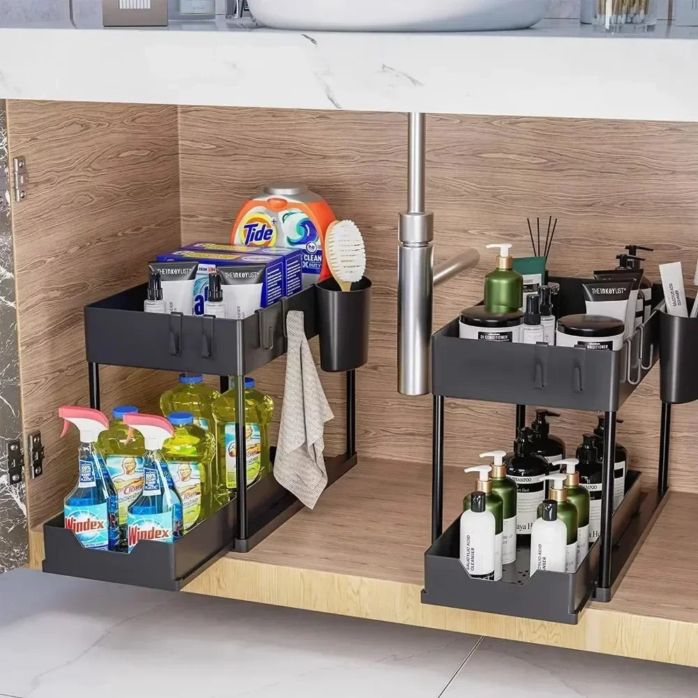 Two-level Pull-down Sink Shelving Sliding Cabinet Basket Shelving Storage Shelf Hanging Cup Bathroom Kitchen Shelving