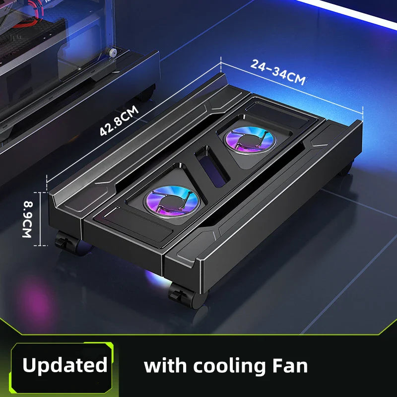 Mobile PC Tower Stand Adjustable Computer CPU Holder Telescopic Desktop Stand CPU Cart with RGB Cooling Fan Heat Dissipation