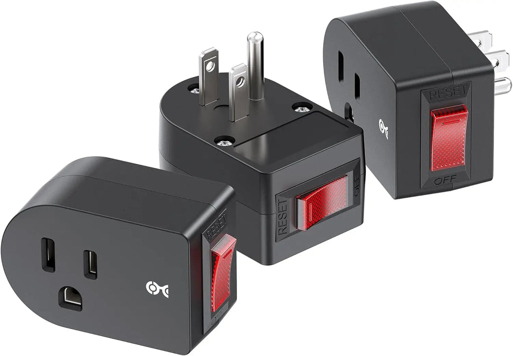 3-Pack Grounded Outlet Switch with On/Off Button, Black - Safe Energy-Saving Adapter