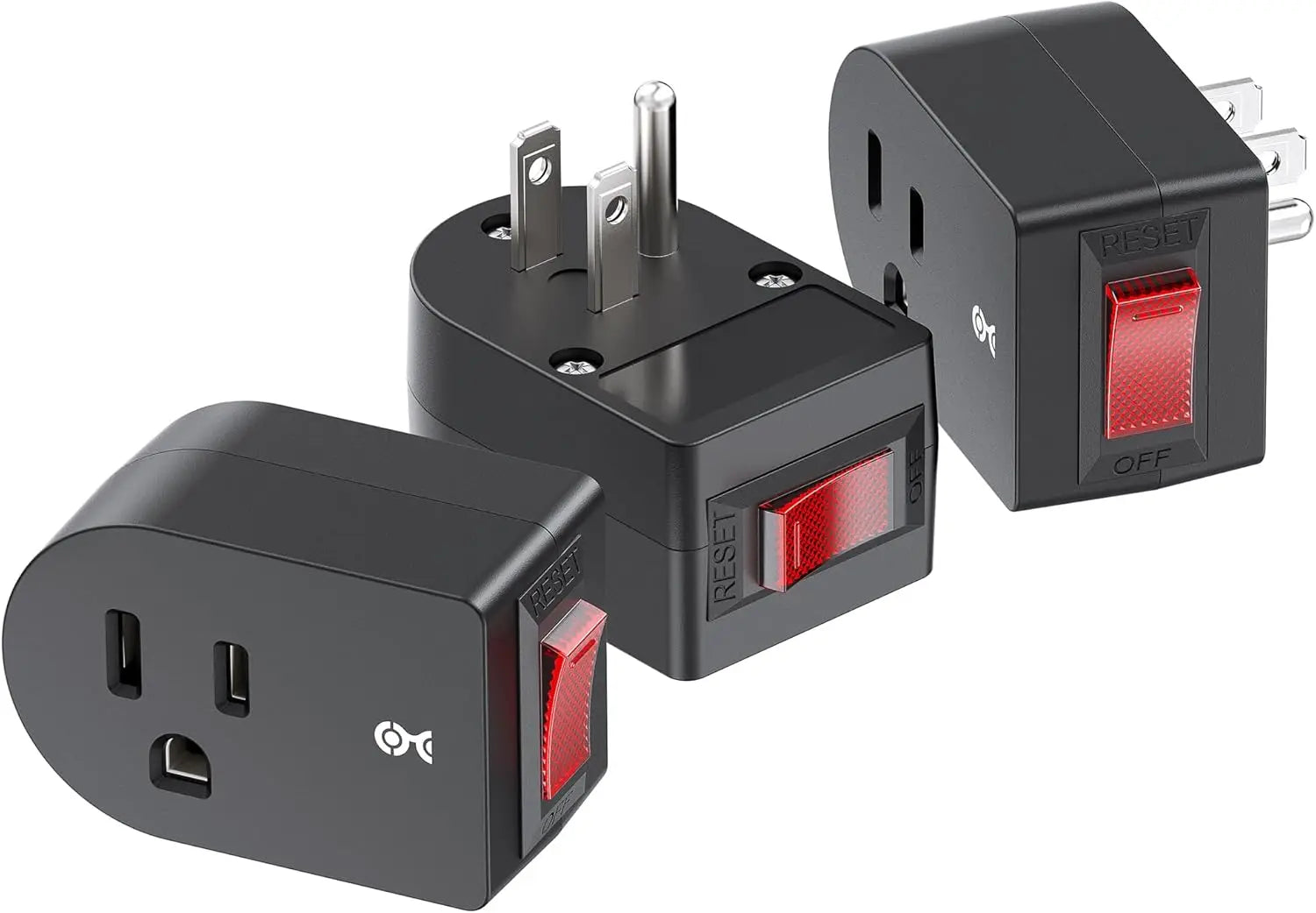 3-Pack Grounded Outlet Switch with On/Off Button, Black - Safe Energy-Saving Adapter