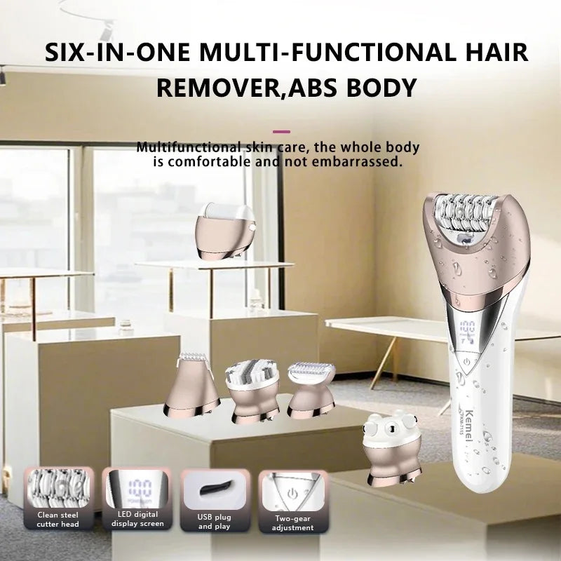 Kemei Bikini Armpit Hair Trimmer Pedicure Electric Razors Body Exfoliator 6 in 1 Epilator Pubic Hair Removal Shaver for Women