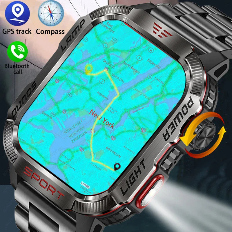 2026 New LED flashlight Military Smart Watch Men IP68 GPS Outdoor Sports Fitness Tracker Health Monitor 2.01" BT Call Smartwatch
