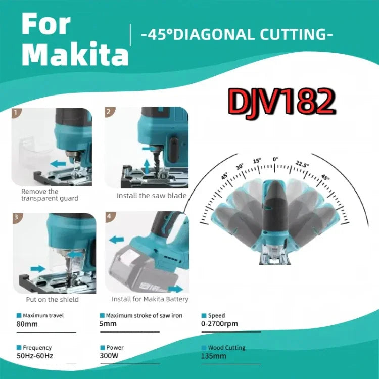 Makita DJV182 Cordless Jigsaw:18V,300W,0-2700rpm,80mm Travel,±45° Cutting,For Wood/Plastic/Metal Cutting Tasks