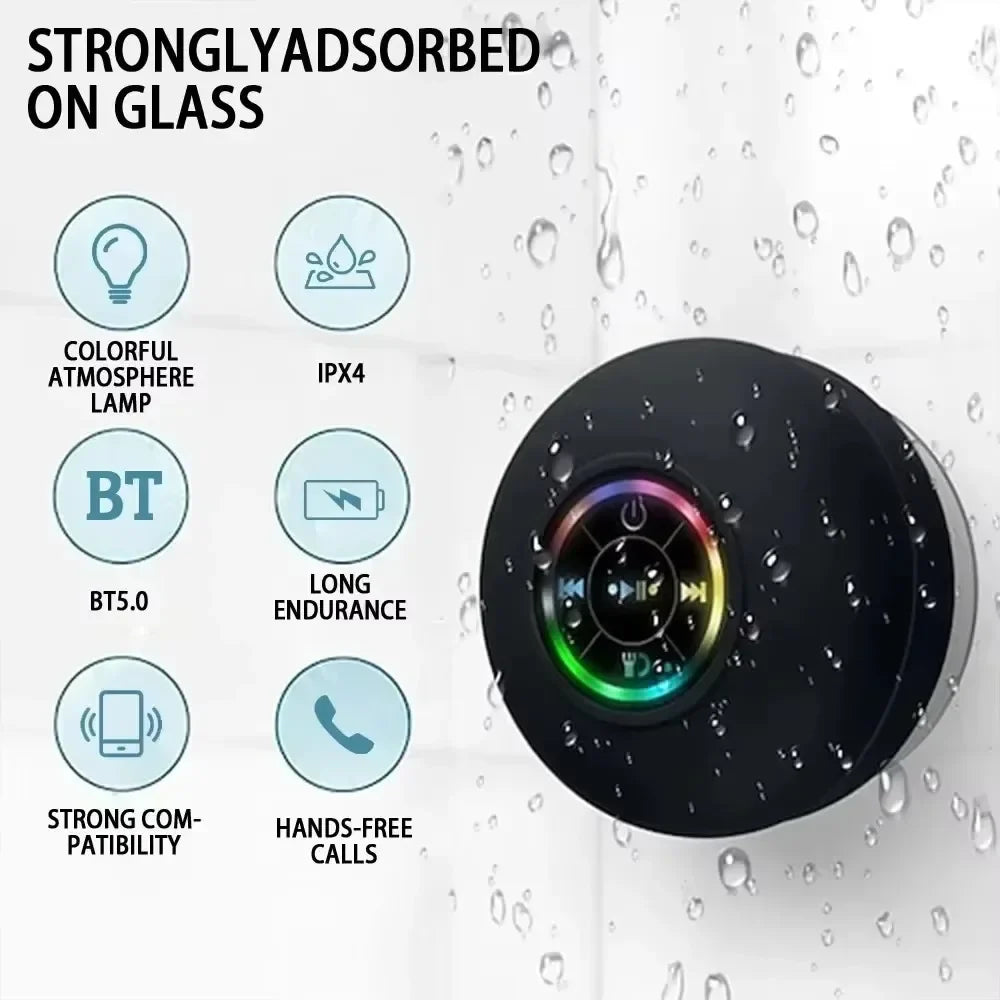 HOMEFISH 2025 Waterproof Wireless LED Bluetooth Speaker Mini Portable with Large Suction Cup for Bathroom Outdoor Sports Stereo